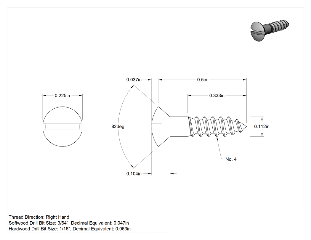 Teknik Çizim - Ahşap için Pirinç Oluklu Oval Başlı Vidalar, 4 Numara Boyut, 1/2" Uzunluk