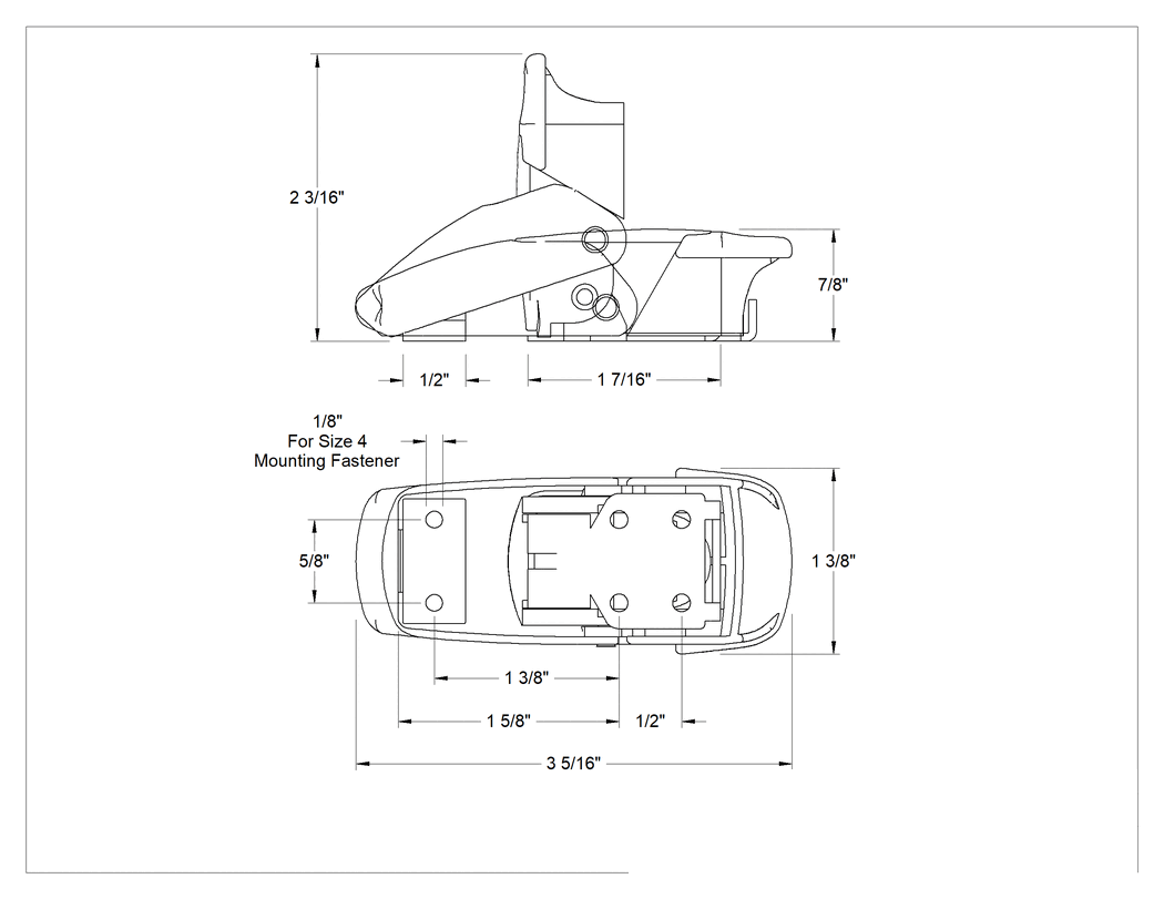 Teknik Çizim - Çekme Mandalı, Vida ile Sabitleme, Toz Boyalı Çinko, 3-5/16" Uzunluk x 1-3/8" Genişlik