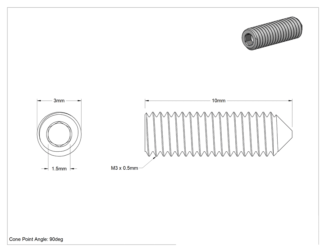 Teknik Çizim - Alaşımlı Çelik Konik Uçlu Setskur, Alaşımlı Çelik, M3 x 0.5 mm Dişli, 10 mm Uzunluk