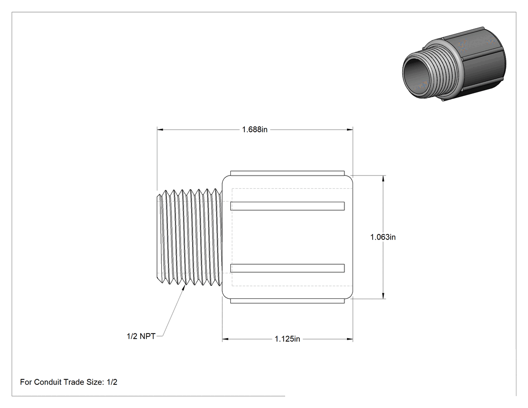 Teknik Çizim - Sert PVC Kanal için 1/2 Anma Ölçüsü Dişi x 1/2 NPT Erkek Adaptör