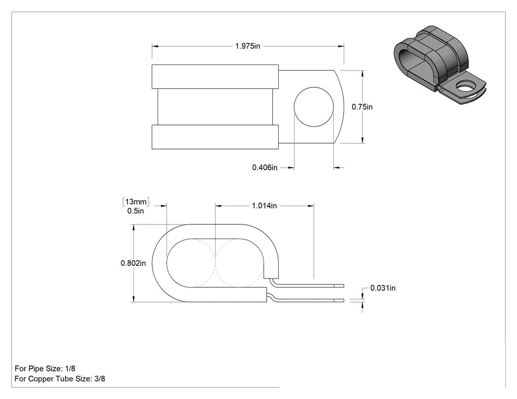 Teknik Çizim - Titreşim Sönümleyici Halka Kelepçe, Çok Satırlı, Silikon Yastıklı Çinko Kaplı Çelik, 1/2" İç Çap