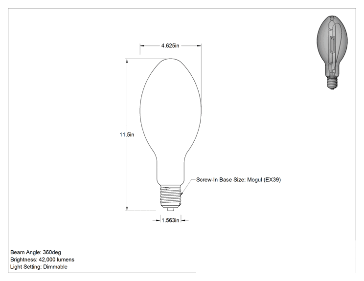 Teknik Çizim - Metal Halide Ampul, ED37 Konisi, EX39 Mogul Tabanı, 400W, 4200K, 42000 lümen
