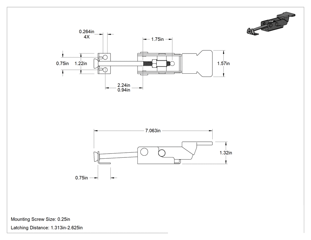 Teknik Çizim - Ayarlanabilir Tutamaklı Çekme Mandalı, Vinil Kaplı Tutamağa sahip, Çinko Kaplamalı, 7-1/16" Uzunluk x 1-9/16" Genişlik