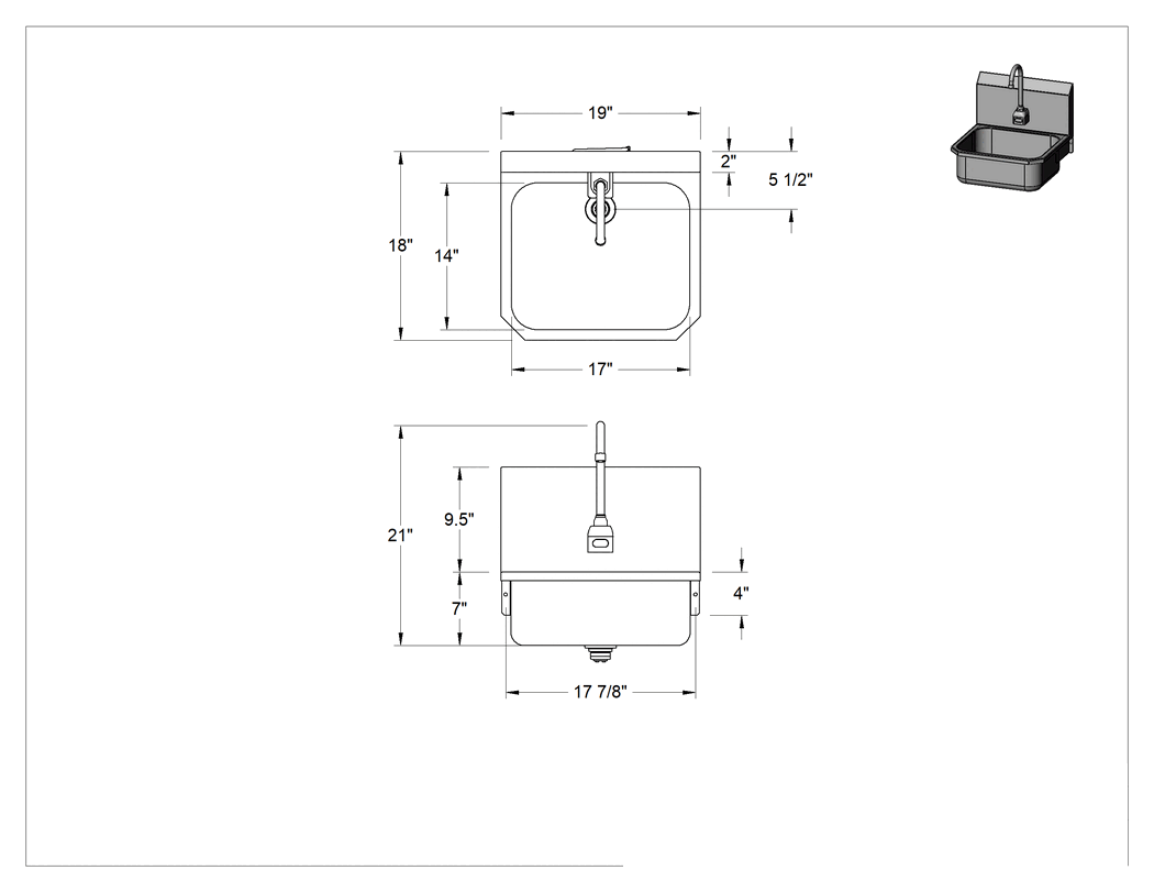 Teknik Çizim - Dokunmasız Duvara Monte Lavabo, 19" Genişlik, 18" Toplam Derinlik, 0.5 gpm