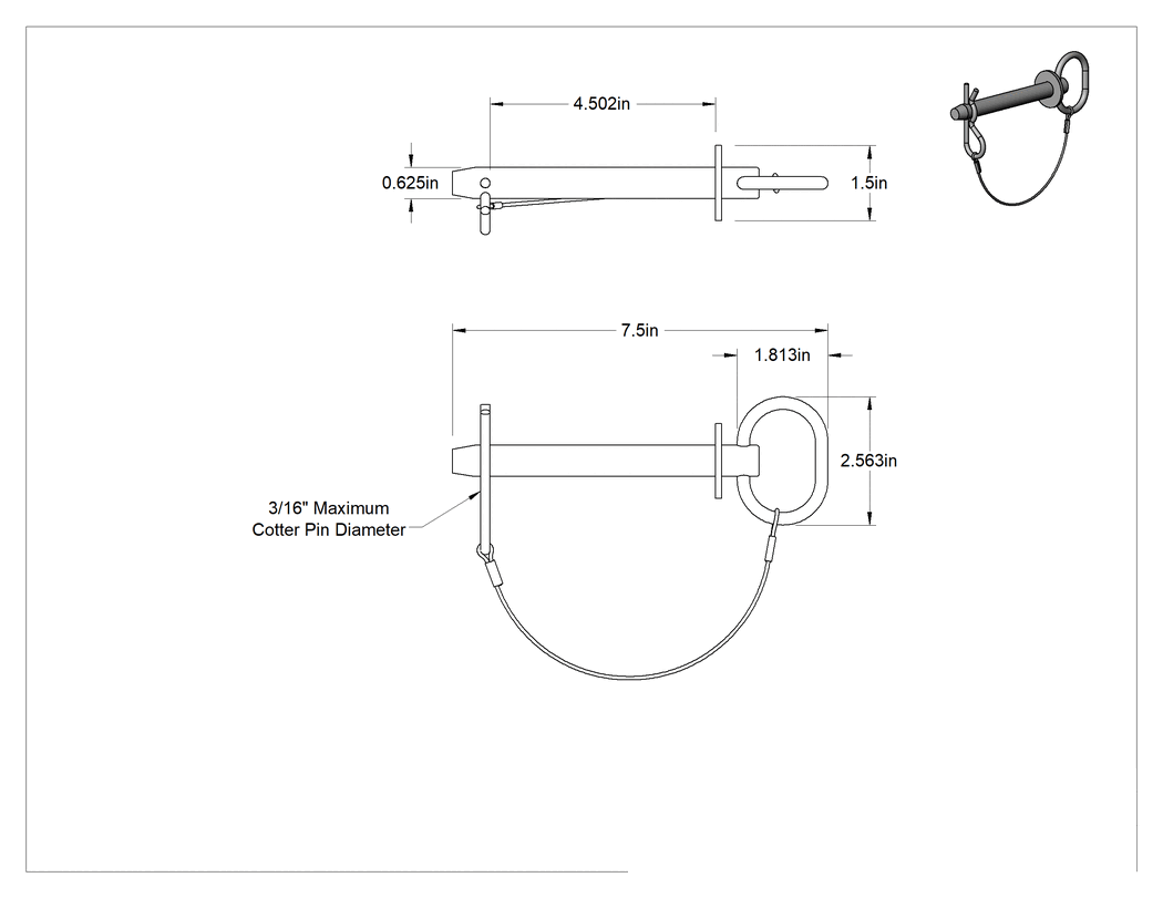 Teknik Çizim - Kopilyalı Bağlı Döngü Tutucu Çatal Pimi, Çinko Kaplamalı 1144 Karbon Çelik, 5/8" Çap, 4-1/2" Kullanılabilir Uzunluk