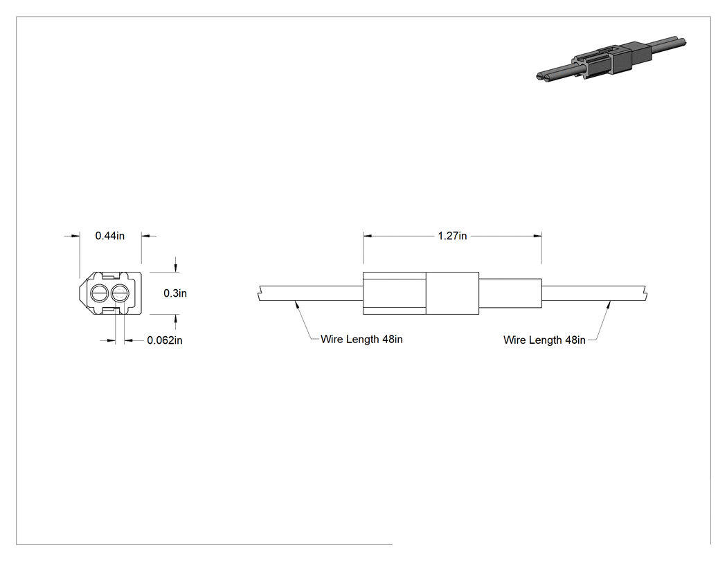 Teknik Çizim - Kompakt Geçmeli Kontrol/Güç Konektör Seti, Altın Kaplama Pirinç, Molex .062", 2 Kutup, 48" Kablo Uzunluğu