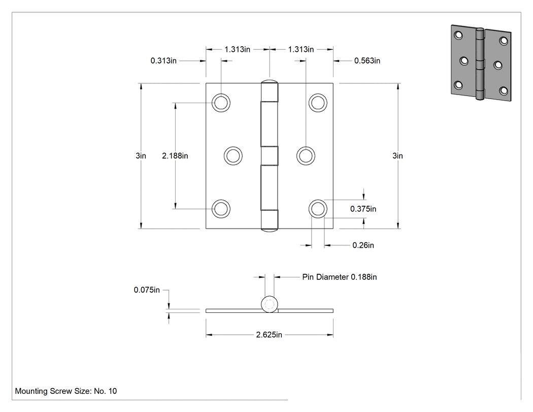 Teknik Çizim - Delikli Yüzeye Montaj Menteşesi, Çıkarılabilir Pim, 430 Paslanmaz Çelik, 3" x 1-5/16" Kapı Kanadı