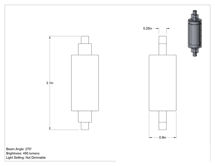 Teknik Çizim - Gömme Tek Temaslı Tabanlı Ampul, Boru Şeklinde, T3, 120V AC, 40W Halojen Eşdeğeri