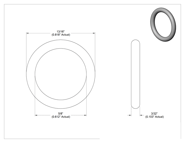 Teknik Çizim - Yağa Dayanıklı Buna-N O-Ring, 3/32 Kesirli Genişlik, Dash Numarası 114