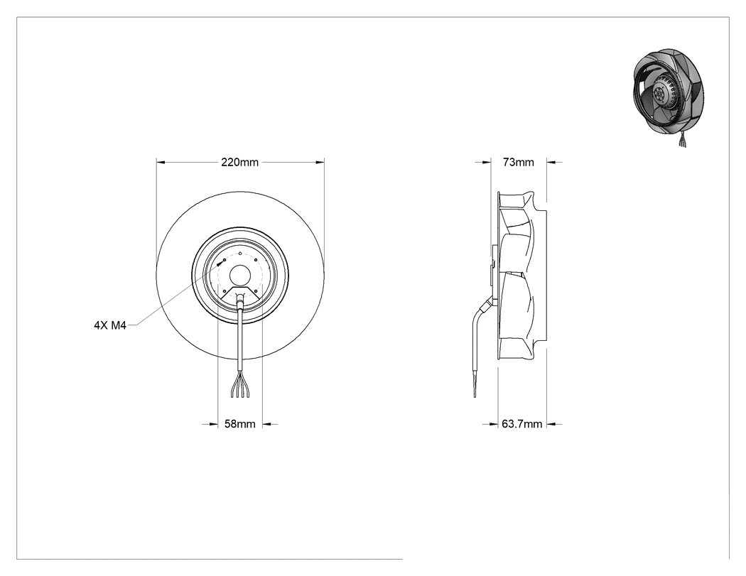 Teknik Çizim - Yuvarlak Kenar Akışlı Ekipman Soğutma Üfleyici, 115V AC, 50/60Hz, 8.66 inç Toplam Çap