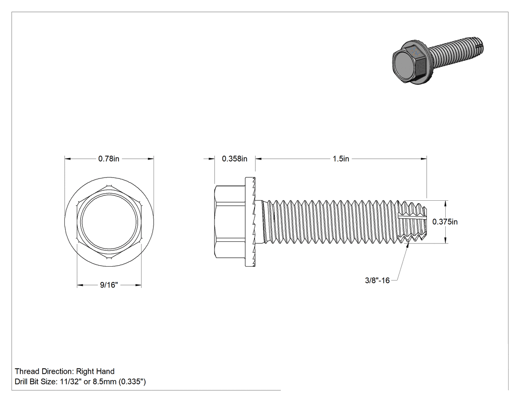 Teknik Çizim - Sert Metal için Diş Açıcı Vidalar, Paslanma ve Aşınmaya Dayanıklı Kaplamalı Çelik, 3/8"-16 Diş, 1-1/2" Uzunluk