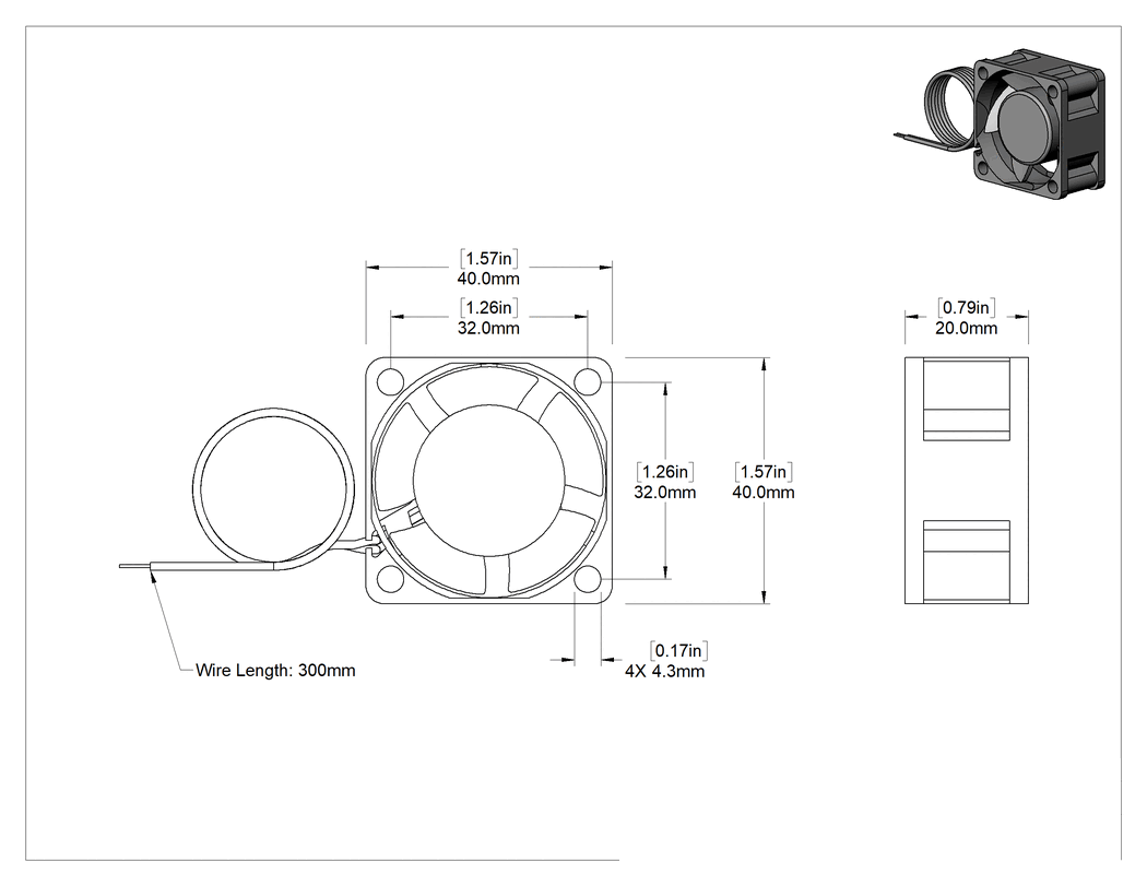 Teknik Çizim - Kovanlı Yataklı DC Ekipman Soğutma Fanı, 5V DC, Tel Uçları, 1.570" Kare x 0.790" Toplam Derinlik, 8.7 CFM