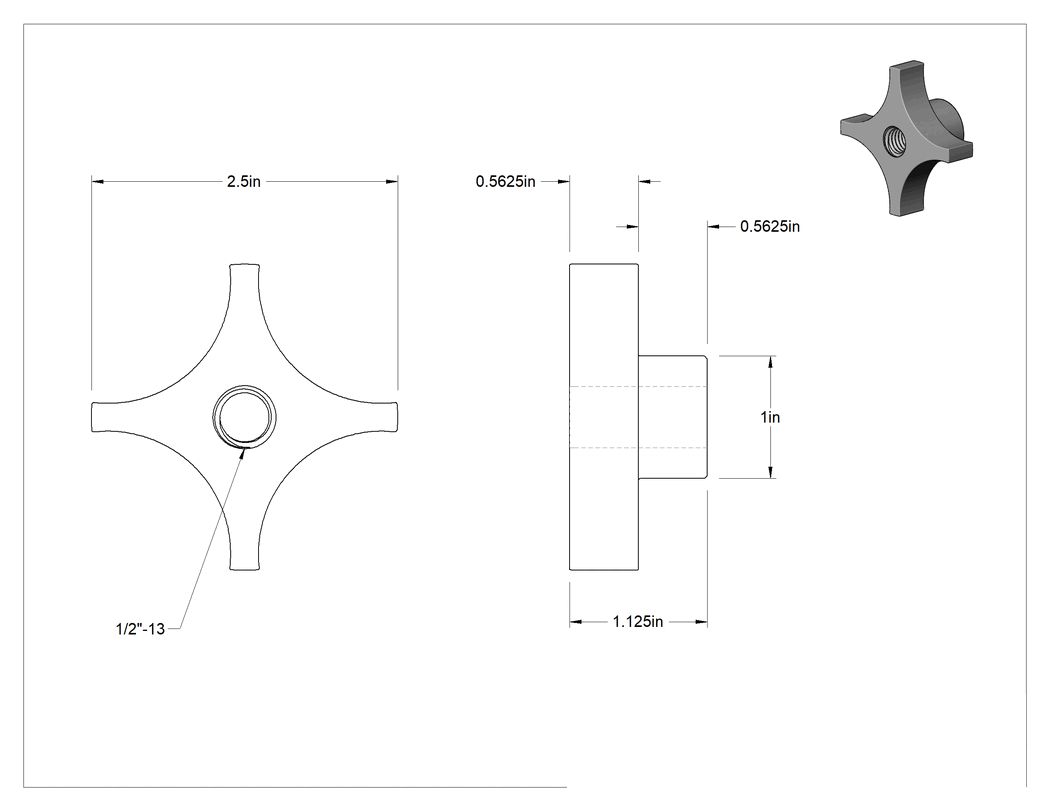 Teknik Çizim - Alüminyum dört kollu topuz, 1/2"-13 Dişli Delikli