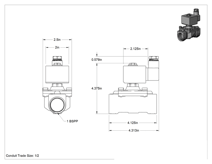 Teknik Çizim - Pirinç Gövde Solenoid Açma/Kapama Vanası, Normalde Kapalı, 24V DC, 1 BSPP Dişi, 8.4 Cv