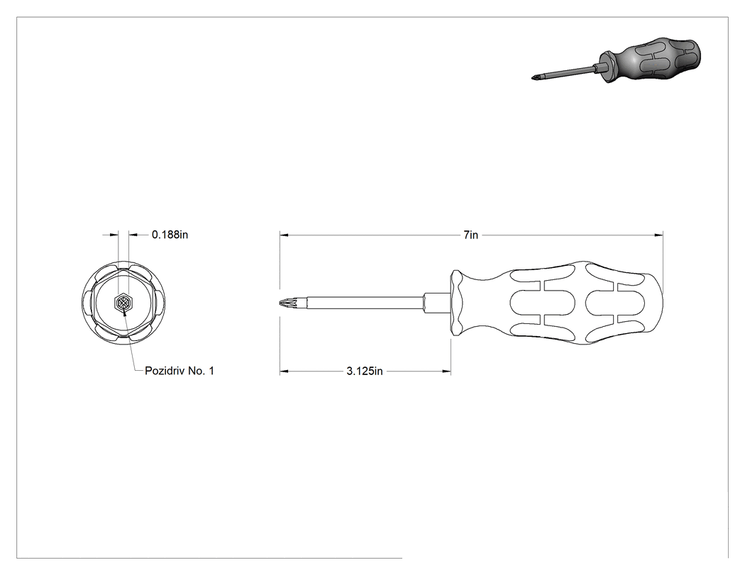 Teknik Çizim - Yivli Uçlu Tornavida, 1 numaralı Pozidriv® uç, 7" Toplam Uzunluk