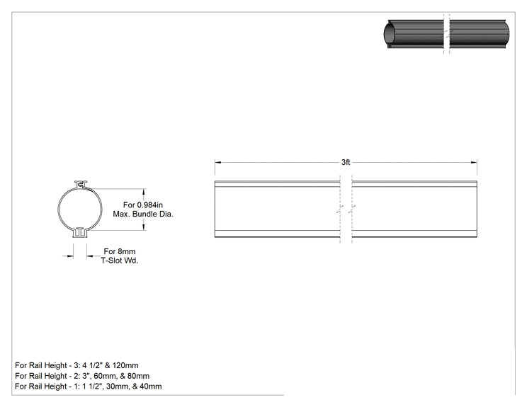 Teknik Çizim - T-Yivli Çerçeve, Tel Manşonu, 1.5" için, 30 ve 40 mm Yüksekliğinde Tek Ray, 3' Uzunluk
