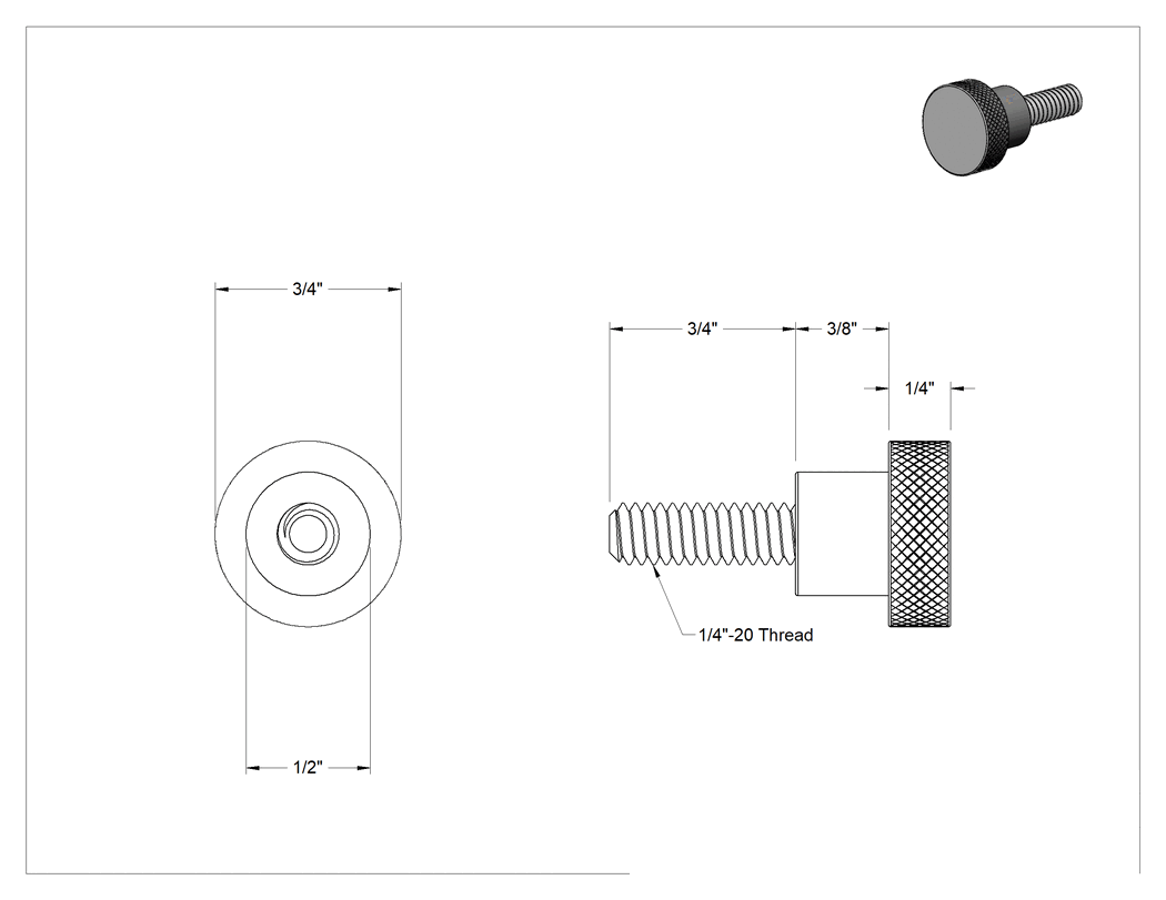 Teknik Çizim - Siyah Oksit Çelik Tırtıllı Tutma Düğmesi, 1/4"-20 Dişli, 3/4" Uzunlukta Saplama, 3/4" Çaplı Başlık