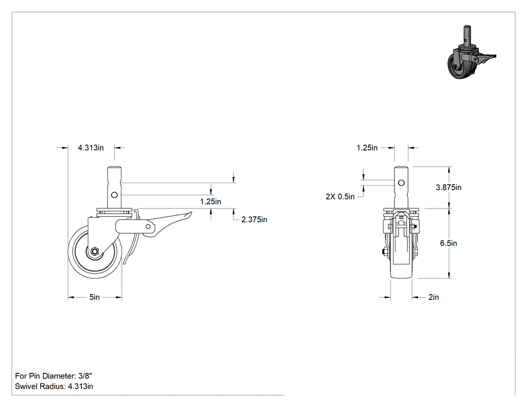 Teknik Çizim - İskele için Montaj Delikli Saplı Tekerlek, 5" Çaplı Kauçuk Tekerlek