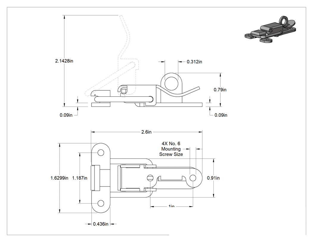 Teknik Çizim - Asma Kilit Çekme Mandalı, Çinko-Çelik, 2-1/2" Uzunluk x 7/8" Genişlik