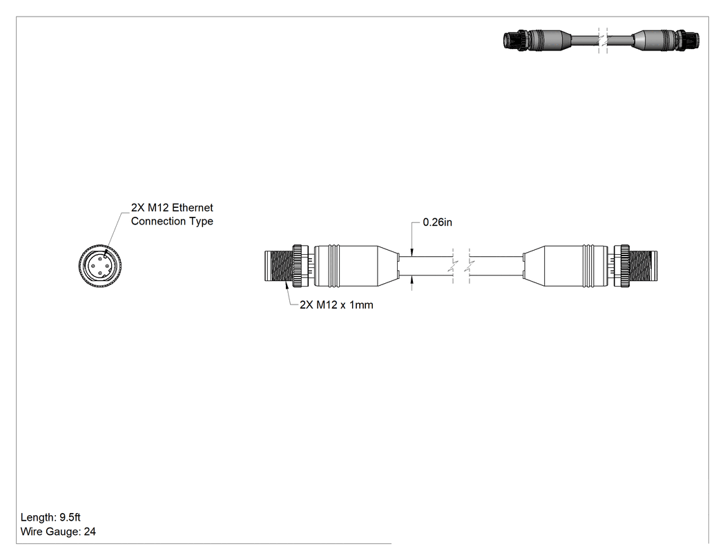 Teknik Çizim - M12 Konektörlü Ethernet Kablosu, D-Kodlu Fişler, Çift Korumalı, 9-1/2 Fit Uzunluk