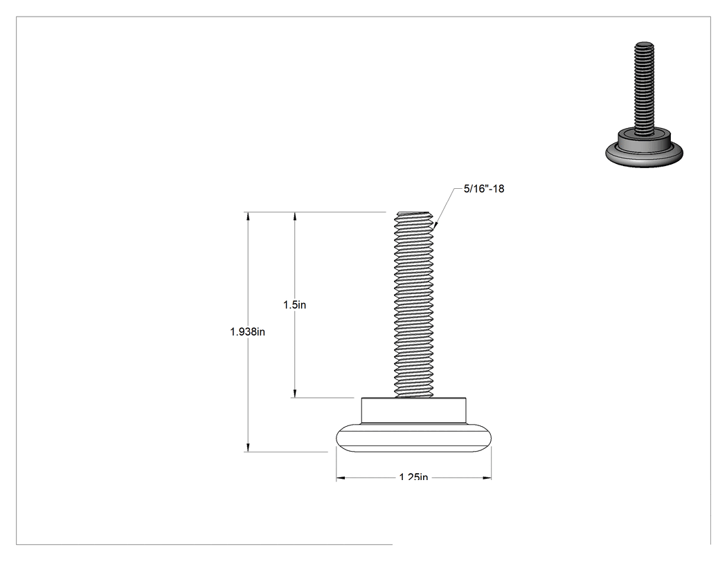 Teknik Çizim - Çinko Kaplı Çelik Saplamalı Sert Tesviye Bağlantı Elemanları, Kolay Kaydırma, Nikel Kaplı Kaydırıcı, 1-1/2" Uzunluk 5/16"-18 Diş