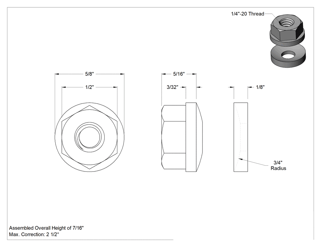 Teknik Çizim - 18-8 Paslanmaz Çelik Kendinden Hizalamalı Flanşlı Somun, 1/4"-20 Diş Boyutu