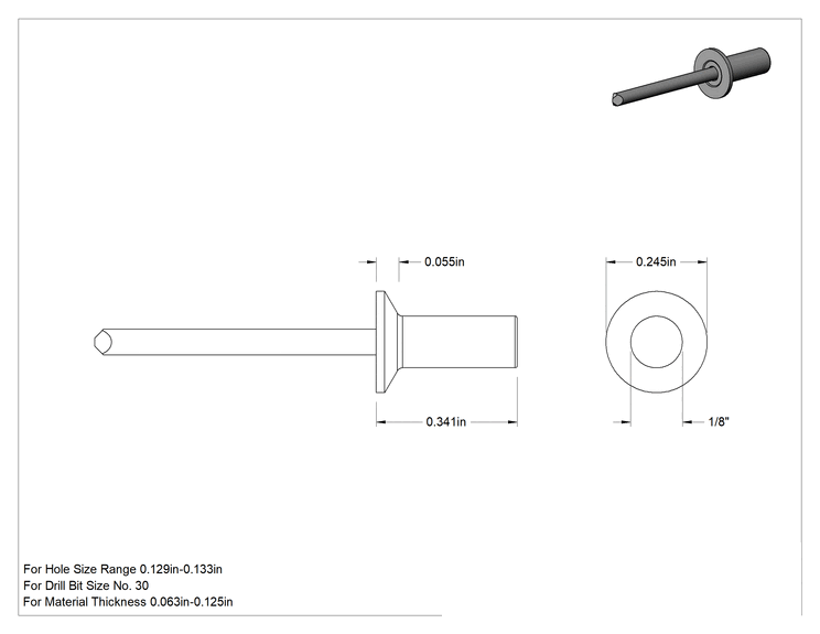 Teknik Çizim - Sızdırmaz Pop Perçinler, Gömme Montaj, 1/8" Çap, 0.063"-0.125" Malzeme Kalınlığı için