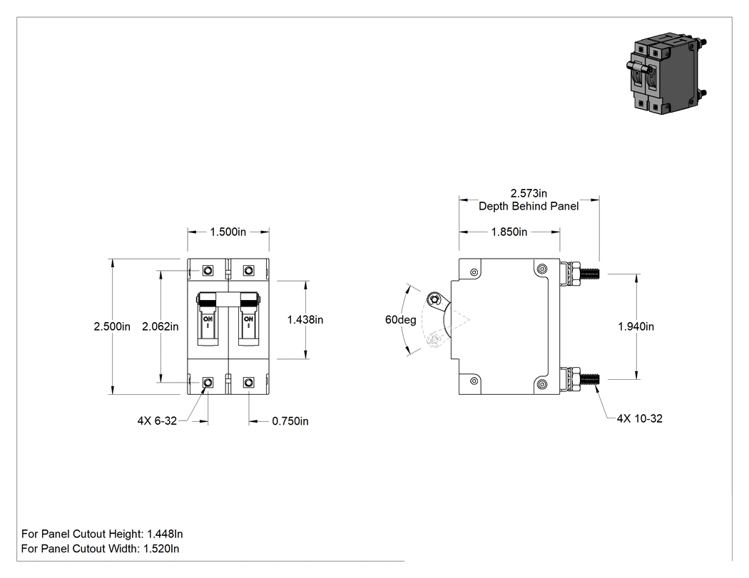 Teknik Çizim - Yüksek Sıcaklık Panel Montajlı Devre Kesici, AC, 2 Kutuplu-Toggle Stili, 15A