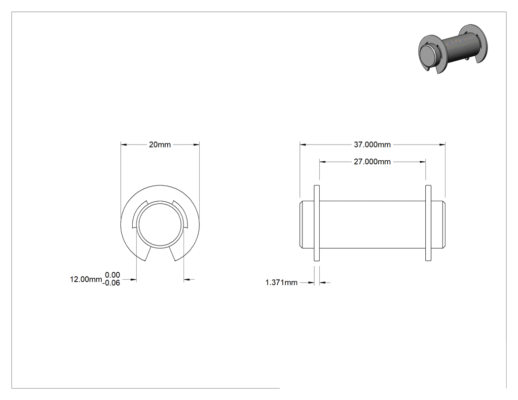 Teknik Çizim - Segman Yivli Başsız Çatal Pim, Çinko Kaplamalı 1004-1045 Çelik, 12 mm Çap, 27 mm Kullanılabilir Uzunluk
