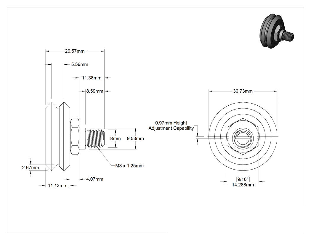 Teknik Çizim - Dişli V-Oluklu Ray Makarası, Ayarlanabilir Omuzlu ve Contalı, Çelik, 31 mm Silindir Çapı, 11 mm Saplama Uzunluğu