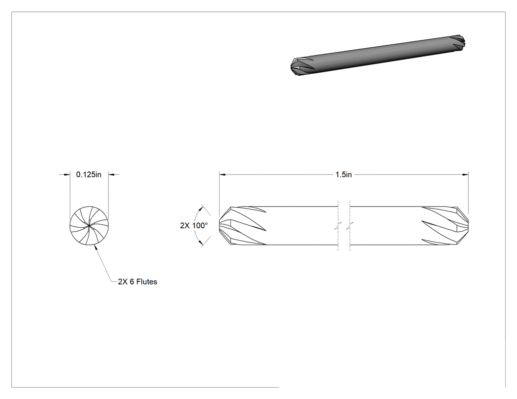 Teknik Çizim - İki Uçlu Yüksek Hızlı Çelik Havşa Matkap Ucu, Perçinler için, 100 Derece, 1/8" Gövde Çapı