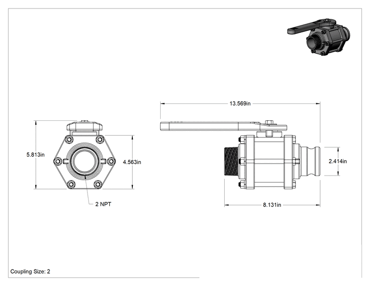 Teknik Çizim - Kolay Bakım Kimyasallar için Açma/Kapama Vanası, 2 NPT Erkek x 2 Kam ve Yivli Tapa, 225 PSI @ 70°F