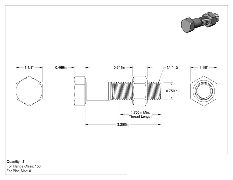 Teknik Çizim - Boru Flanşları için Altıgen Vida ve Somun Kiti, 316 Paslanmaz Çelik, Sınıf 125/150, 3/4"-10 Diş, 6 Boru Boyutu için