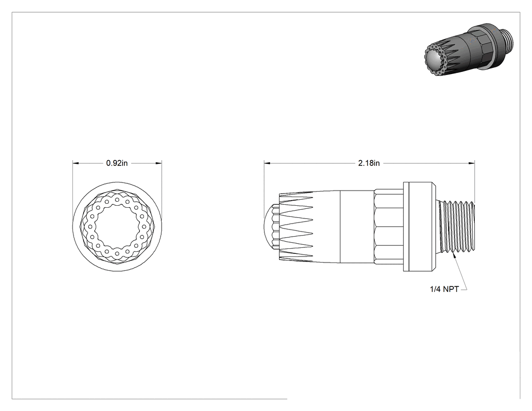 Teknik Çizim - ABS Plastik Hava Nozulu, 1/4 NPT Erkek Giriş