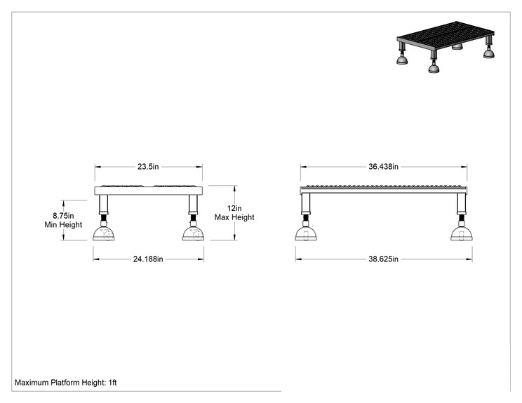 Teknik Çizim - Yuvarlanan Çalışma Platformu, Sarı Toz Boyalı Çelik, 8-3/4" ila 12" Yükseklik x 39" Genişlik Toplam