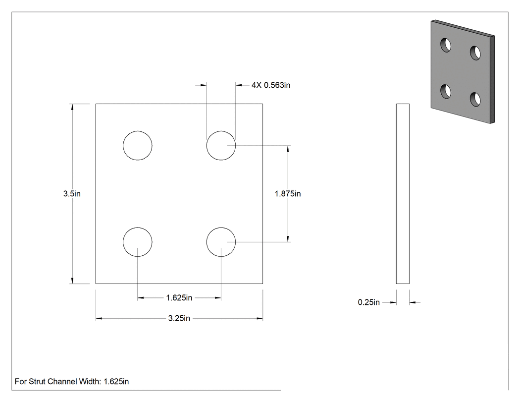 Teknik Çizim - Strut Kanalı Braketi, Kare, 316 Paslanmaz Çelik, 3-1/2" Uzunluk