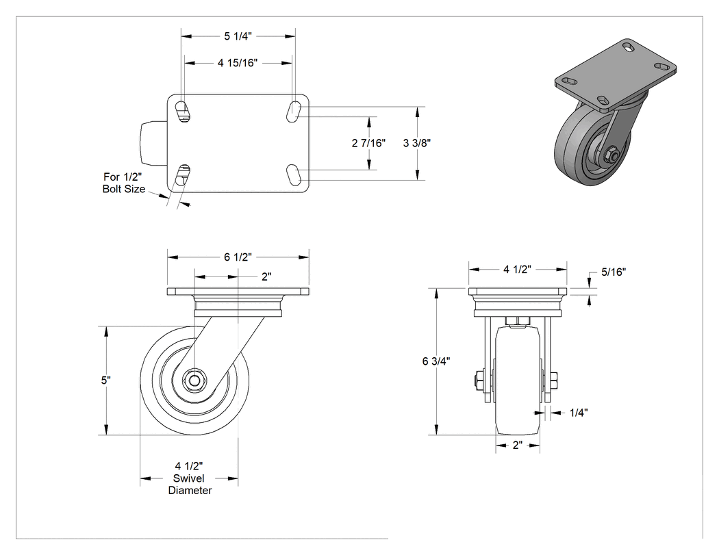 Teknik Çizim - 6-1/2" x 4-1/2" Plakalı Yüksek Kapasiteli Kingston Tekerlek, 5" Çapında Yeşil Poliüretan Tekerlek ile Döner Tekerlek
