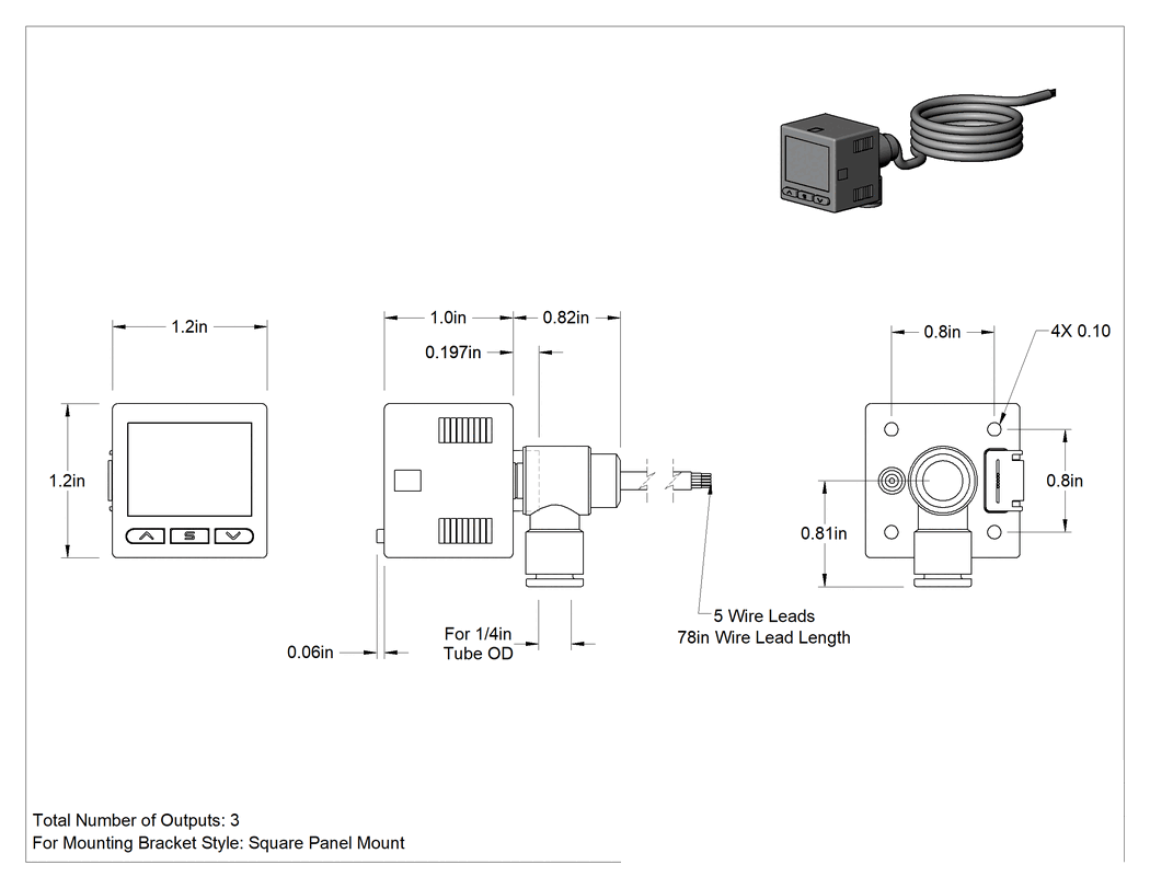 Teknik Çizim - Basınç ve Vakum Transmitteri, Basınçlı Hava için, 1/4" Boru Dış Çapı için, 4-20 mA Çıkış