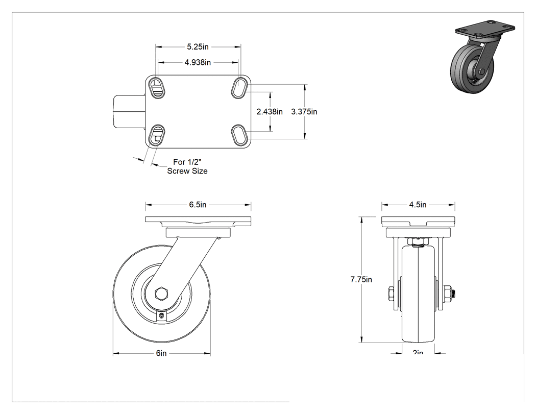 Teknik Çizim - 6-1/2" x 4-1/2" Plakalı Yüksek Kapasiteli Kingston Tekerlek, 6 inç Çapında Fenolik Tekerlekli Döner Tekerlek
