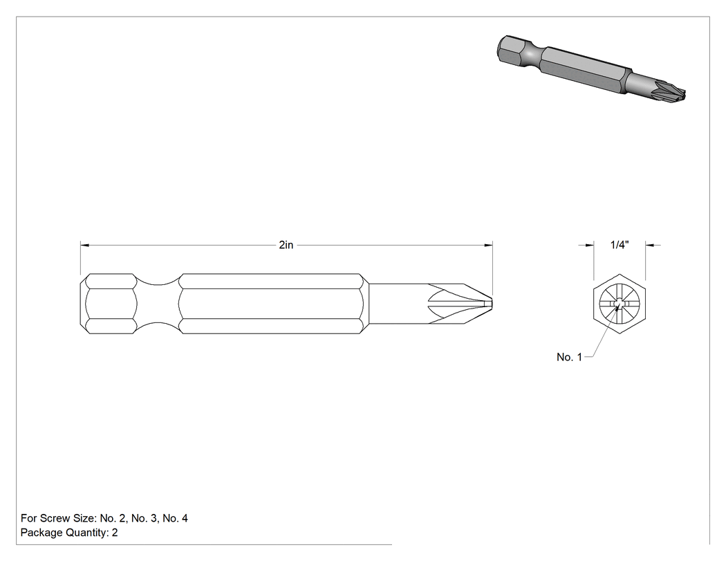 Teknik Çizim - Pozidriv® Klemens Vida Ucu, Elektrikli Aletler için 1/4" Altıgen Şaft, 1 Numaralı Boyut