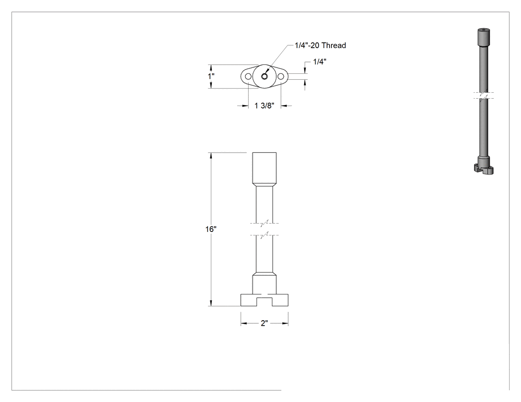 Teknik Çizim - Her Yönde Konumlandırma Kolu, Vidalı Tabanlı, 1/4"-20 Bağlantı Parçası, 16" Maksimum Çıkıntı
