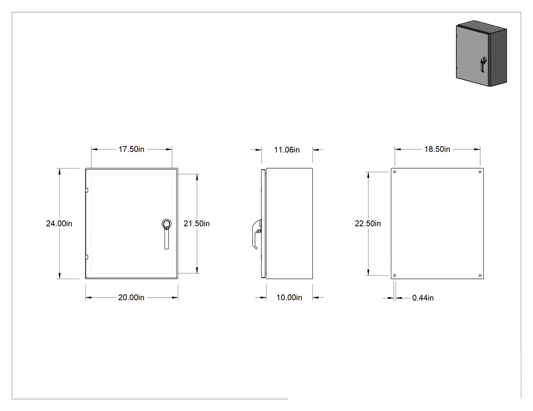 Teknik Çizim - Su Geçirmez Paslanmaz Çelik Muhafaza, Kontrollü Erişim, 20" Genişlik x 24" Yükseklik x 11" Derinlik