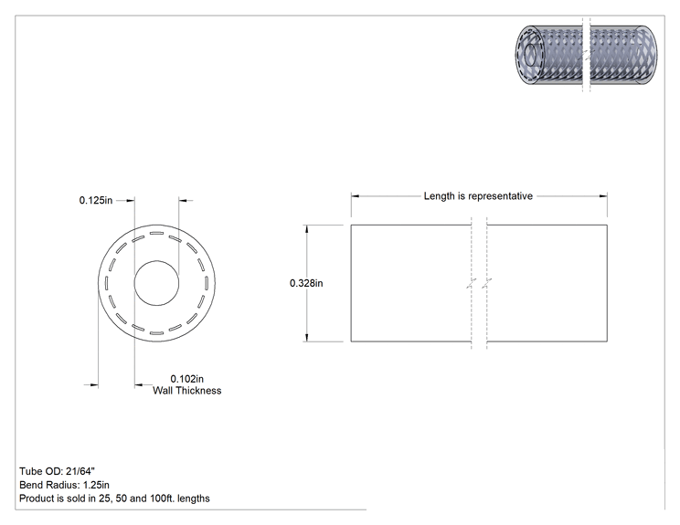 Teknik Çizim - Yüksek Basınçlı Yumuşak PVC Plastik Boru, Hava ve Su için, 1/8" İç Çap, 21/64" Dış Çap, Şeffaf