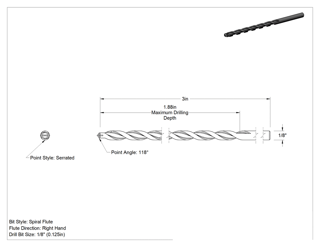 Teknik Çizim - Duvar ve Beton için Karbür Uçlu Matkap Ucu, Yuvarlak Şaft, Tırtıklı Uç, 1/8" Boyut, 3" Toplam Uzunluk