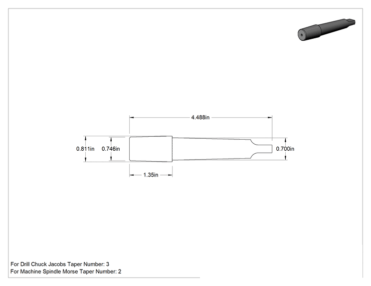 Teknik Çizim - Matkap Mandreni, 2 Numaralı Morse x 3 Numaralı Jacobs için, 4-31/64" Toplam Uzunluk