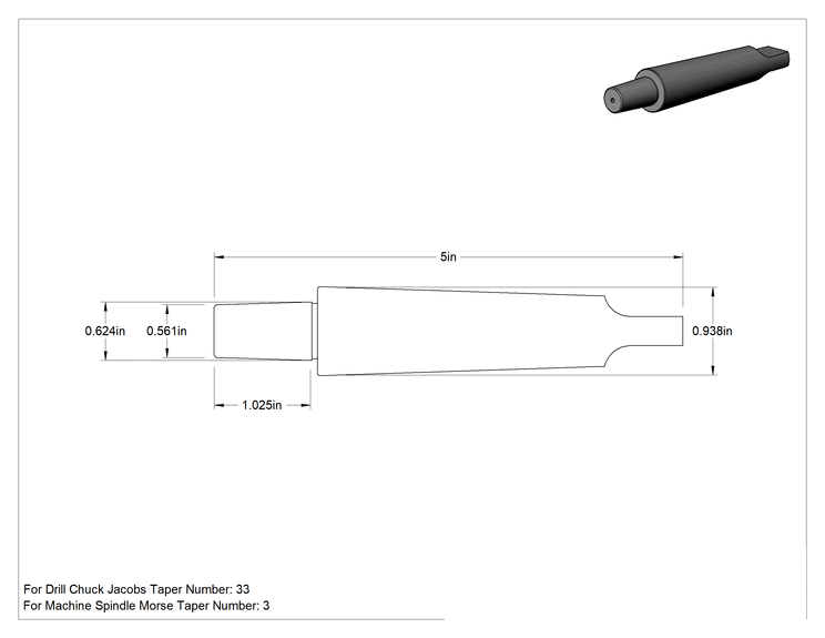Teknik Çizim - Matkap Mandreni, 3 Morse x 33 Jacobs için, 5" Toplam Uzunluk