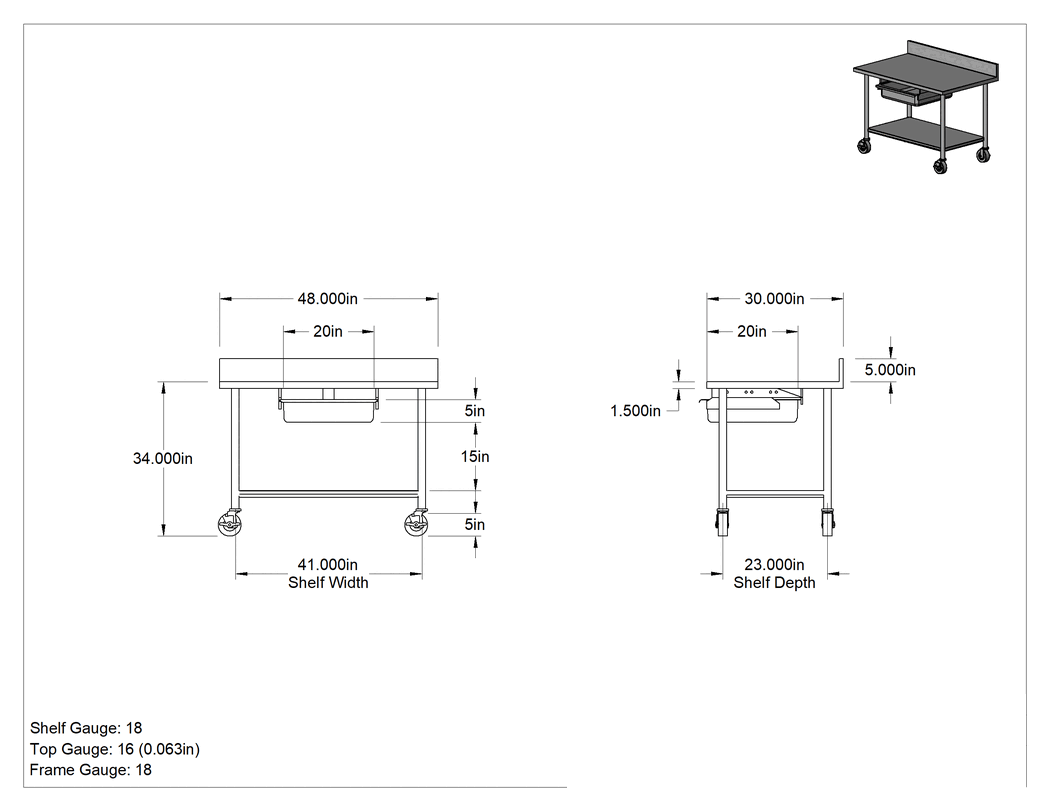 Teknik Çizim - Paslanmaz Çelik Masa, Mobil, Raflı ve Tek Çekmeceli, 48" Genişlik x 30" Derinlik