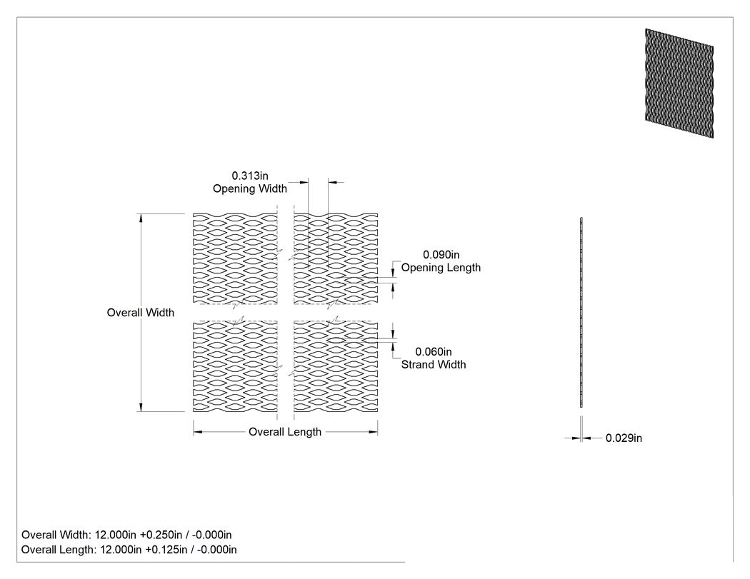 Teknik Çizim - Genişletilmiş Sac Panel, Düzleştirilmiş 3003 Alüminyum, 12" x 12" x 0.029"