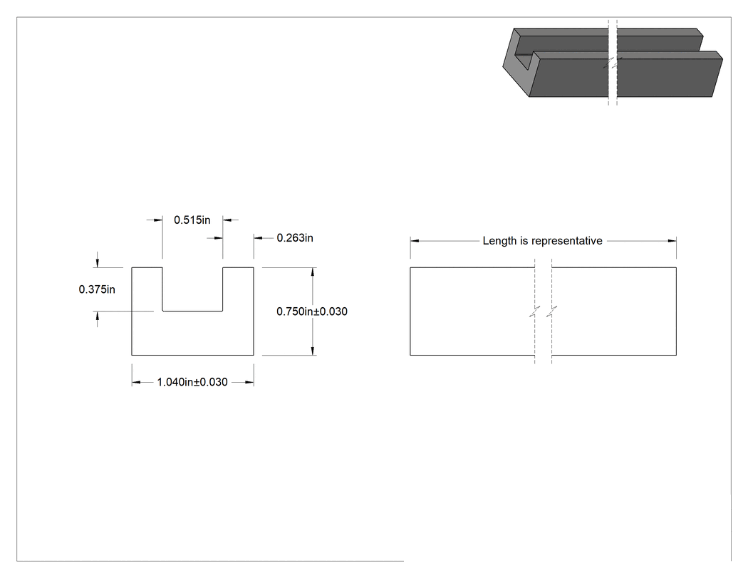 Teknik Çizim - Kaygan UHMW Polietilen U-Kanal, 1" Dış Genişlik x 3/4" Dış Yükseklik