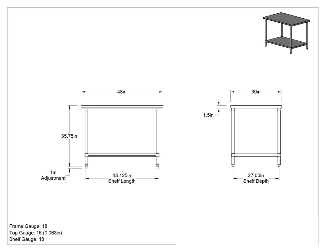 Teknik Çizim - Paslanmaz Çelik Masa, Raflı, Sabit, 36" Yükseklik x 48" Genişlik x 30" Derinlik